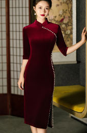 Red Black Beads Embellished Velvet Qipao Cheongsam Dress
