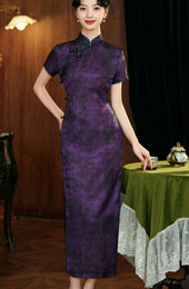 Green Purple Jacquard Floral Cheongsam Qipao Dress