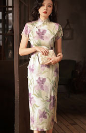 Purple Floral Print Cheongsam Qipao Dress