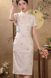 White Embroidered Butterfly Cheongsam Qipao Dress