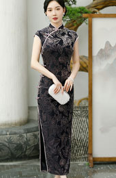 Black Floral Velvet Maxi Cheongsam Qipao Dress