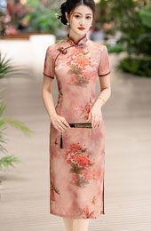 Pink Floral Print Midi Cheongsam Qipao Dress