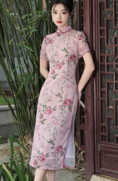 Summer Pink Floral Print Cheongsam Qipao Dress