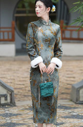 Green Floral Fleece Winter Cheongsam Qipao Dress
