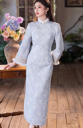 Blue Jacquard Floral Fleece Winter Cheongsam Qipao Dress