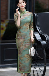 Green Print Linen Half Sleeve Maxi Cheongsam Qipao Dress