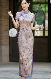 Shimmer Floral Print Maxi Cheongsam Qipao Dress