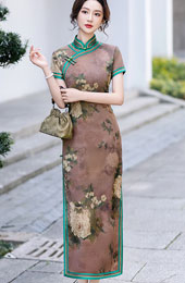 Floral Print Mothers Maxi Cheongsam Qipao Dress