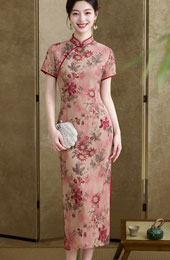Red Shimmer Floral Print Midi Cheongsam Qipao Dress