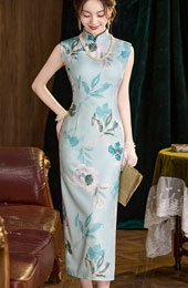 Blue Floral Print Sleeveless Qipao Cheongsam Dress