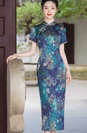 Blue Floral Print Mothers Maxi Qipao Cheongsam Dress