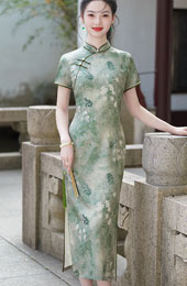 Green Floral Print Maxi Qipao Cheongsam Dress