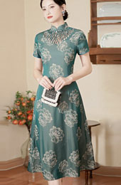 Green Floral Print Mothers A-Line Cheongsam Qipao Dress