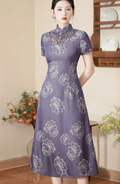 Purple Floral Print Mothers A-Line Cheongsam Qipao Dress