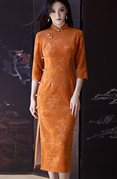 Orange Floral Midi Winter Qipao Cheongsam Dress
