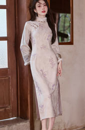 Purple Floral Long Sleeve Winter Cheongsam Qipao Dress