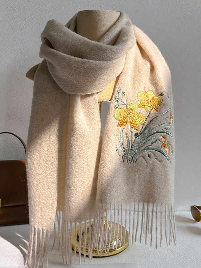 Embroidered Cashmere Wool Scarf Shawl
