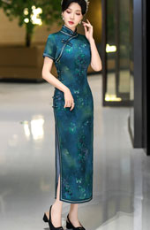 Blue Floral Print Silk Long Qipao Cheongsam Dress