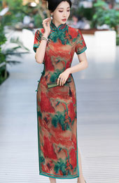 Sunset Print Silk Mothers Long Qipao Cheongsam Dress
