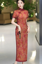 Red Floral Print Silk Mothers Long Qipao Cheongsam Dress