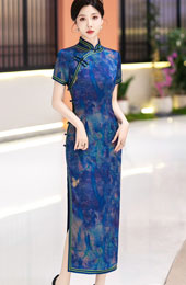 Blue Print Silk Long Qipao Cheongsam Dress