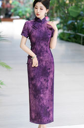 Purple Floral Print Silk Long Qipao Cheongsam Dress
