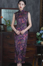Purple Butterfly Floral Print Long Cheongsam Qipao Dress