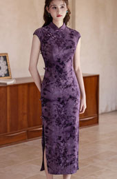 Purple Floral Velvet Long Qipao Cheongsam Dress