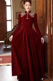 Burgundy Shimmer Velvet A-Line Wedding Qipao Cheongsam Dress