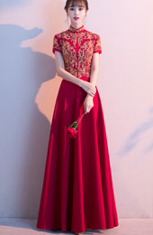 Gold Sequins Appliqués Wedding Bridal Qipao Cheongsam Dress