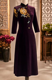 Red Purple Mothers A-Line Embroidered Velvet Cheongsam Qipao Dress