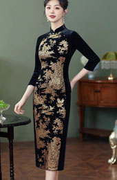 Gold Floral Print Velvet Mothers Qipao Cheongsam Dress
