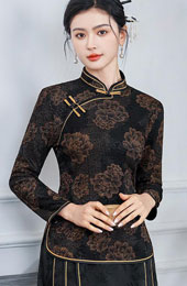 Black Red Jacquard Fleece Winter Cheongsam Blouse Top