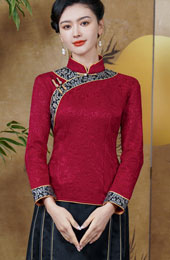 Black Red Woman Fleece Winter Cheongsam Blouse Top