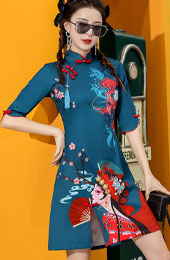 Blue Peking Opera Print Cheongsam Qipao Dress