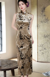 Floral Print Velvet Sleeveless Long Cheongsam Qipao Dress