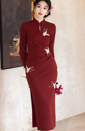 Red Embroidered Winter Long Sleeve Cheongsam Qipao Dress
