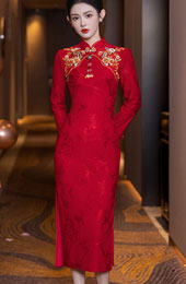 Red Fleece Long Sleeve Wedding Bridal Cheongsam Qipao Dress