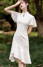 White Red Lace Flutter Sleeve Frill Hem Qipao Cheongsam Dress