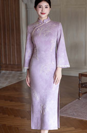 Purple Floral Suede Long Sleeve Winter Cheongsam Qipao Dress