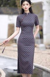 Gray Dots Midi Cheongsam Qipao Dress