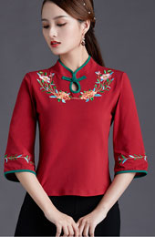 Green Burgundy Embroidered Qipao Cheongsam Top