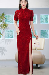 Burgundy Lace Thigh Split Cheongsam Qipao Dress