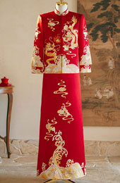 Red Embroidered Dragon Man Wedding Qun Kwa Jacket & Skirt