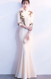 Mermaid Fishtail Appliques Maxi Qipao Cheongsam Prom Dress
