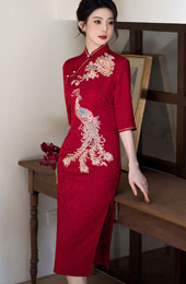 Red Sequins Phoenix Midi Wedding Bridal Cheongsam Qipao Dress