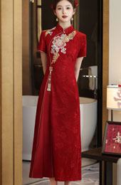Red Embroidered A-Line Wedding Bridal Cheongsam Qipao Dress