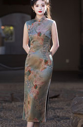 Lotus Print Midi Cheongsam Qipao Dress