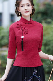 Green Red Woman Linen Cheongsam Blouse Top
