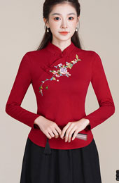 Black Red Embroidered Floral Woman Cheongsam Blouse Top